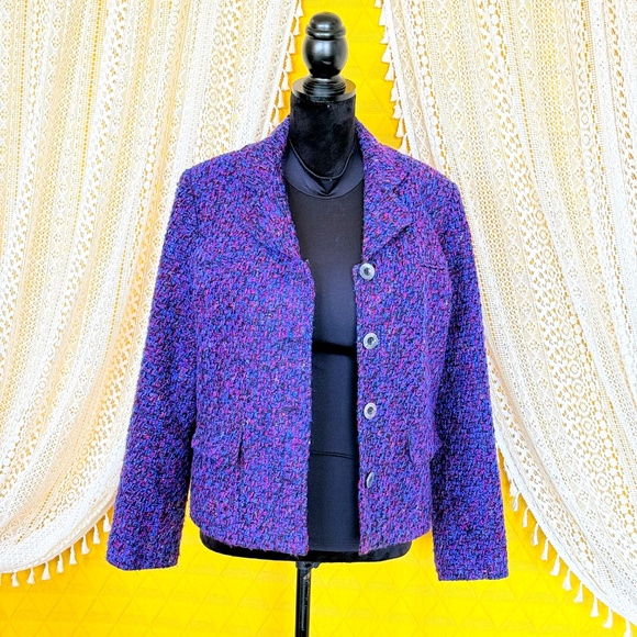 VTG 90s Vibrant Purple Bouclé Tweed Blazer by Portrait Size L - Picture 3 of 15